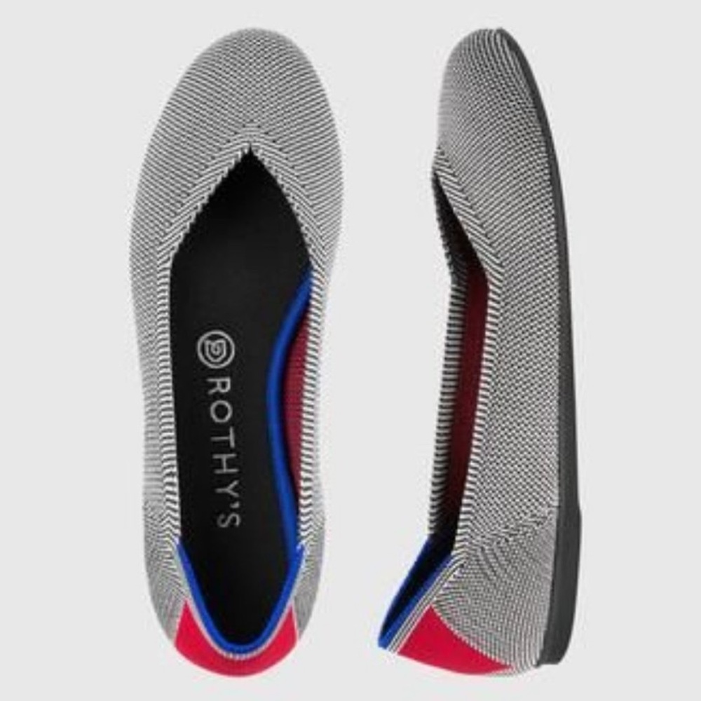 Rothy's Black & White Knit Ballet Flats with Red and Blue Accents